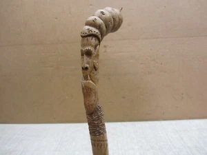 VTG ANTIQUE HAND CARVED WOOD CANE WALKING STICK GNOME CARVING APPALACHIAN WOODEN - Picture 1 of 17