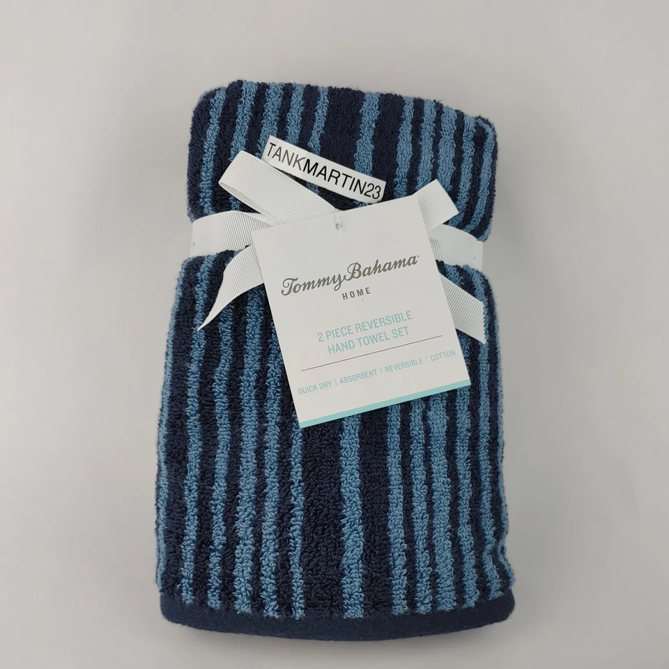 2件套Tommy Bahama蓝色条纹毛巾(2)手巾全新带标签 — 第 1/4 张图片
