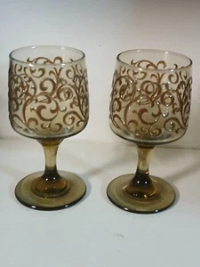 Vintage Pair 1970's Libby Prado Empire Scroll Wine Glasses Smoked Glass Stemware - Picture 1 of 11