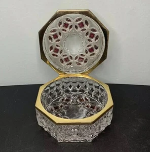 Vtg Baccarat Style Hinged Glass Trinket Jewelry Box 4.75”x2.25” Octagon Gold Red - Picture 1 of 12