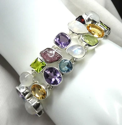 Blautopas Peridot Citrin Mondstein Turmalin Armband 925 Silber 46 g NEU - Bild 1 von 4