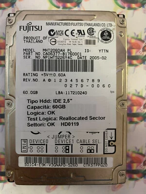 Hard Disk Usato IDE 2,5" 60GB FUJITSU MHT2060AH CA06377-B17600C1 2005-02 - Immagine 1 di 4
