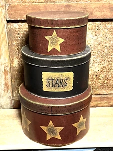 Primitive Pantry Box USA Stars Americana Patriotic Wood style Paper Mache Set 3 - Picture 1 of 4