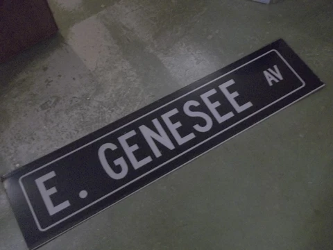 LARGE Vintage  E. GENESEE AV STREET SIGN 54 X 12 White Lettering on Black Ground Cover