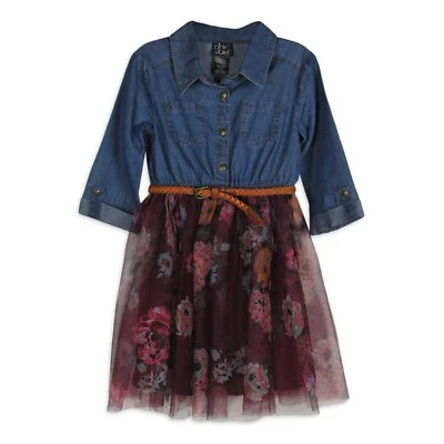 Pink & Violet Girls Denim Chambray Bodice 3/4 Sleeve Tulle Tutu Dress with Belt - Image 1 of 2