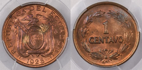 Ecuador 1928 Centavo PCGS MS 65 RED BROWN KM-67, 4425 PI0160 combine shipping Cover