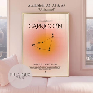 Capricorn Zodiac Print / Preppy Trendy Wall Art Poster / A5 A4 A3 Unframed Pink - Picture 1 of 6