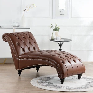 Modern PU Leather Chaise Lounge Chair Button Tufted Sofa Couch Wooden Legs Brown - Picture 1 of 9