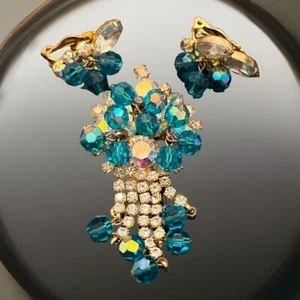 Vintage Brosche und Ohrringe Set Aqua Blau Eis Strass Clip On - Bild 1 von 13