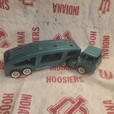 Structo Auto Haul Transport Semi Truck Car Ramp Hauler Trailer 1960s Turquoise - Image 1 of 3