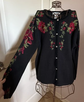 Винтажный Susan Bristol черный вручную вышитый цветочный вязаный кардиган свитер размер XL - Изображение 1 из 4