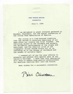 1994 - Bill Clinton Autopen Signed Letter to Circus Convention Baraboo WI - AAFO - Bild 1 von 2