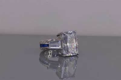 Sterling Silver Cubic Zirconia Blue Topaz Baguette Pave Band Ring 925 Sz: 5 - Image 1 of 4