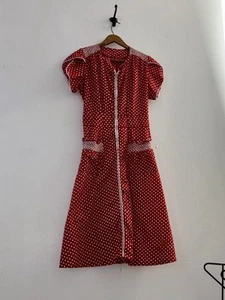 VTG 1940s Polka Dot Cotton Zipper Front Day Dress Smocking Pockets Midi Summer S - Picture 1 of 18