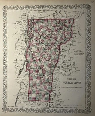 Mapa antiguo original coloreado a mano Colton's Vermont 1870 17" x 14" Foto 1 de 3