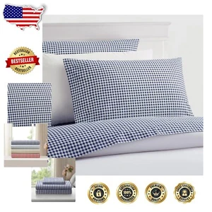250tc 100% Cotton Gingham Print Sheet Set, Queen Size, Navy - Stylish Comfort - Picture 1 of 6