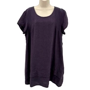 Flax Womens Eggplant 100% Linen Relaxed Scoop Neck Short Sleeve Tunic Dress M - Picture 1 of 10