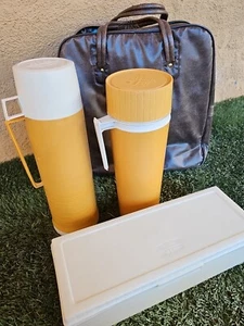 Thermos 3 Pcs Set Glass Vac Bottle Filler 24F Cup Gold 7402 A4A73 W/Case Vintage - Picture 1 of 16
