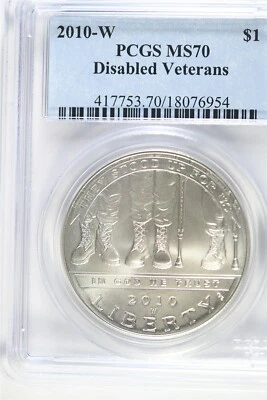 2010 W UNCIRCULATED $1.00 Silver Commemorative - Disabled Vets - PCGS MS 70 - Image 1 of 2