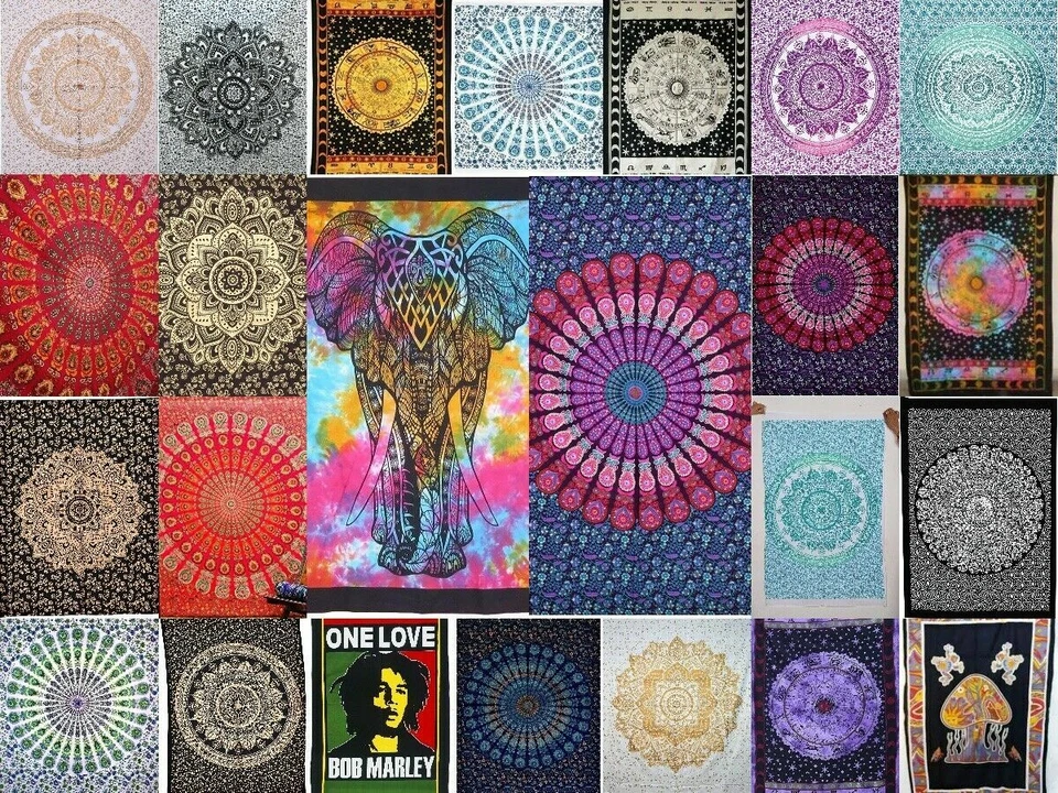 Indian Hippie Gypsy Bohemian Psychedelic Cotton Mandala Wall Hanging Tapestry - Image 1 of 4