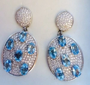 Pendientes colgantes colgantes de topacio azul suizo natural de 9,10 quilates, oro blanco sobre SS - Imagen 1 de 3
