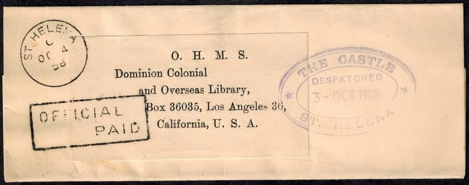St. Helena 1958 OHMS Cover w/ OVAL THE CASTLE ST. HELENA VIOLET & OFFICIAL PAID - Image 1 of 4