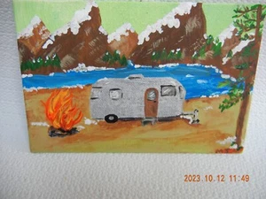 Original Mini 4 x 6 airstream painting on canvas board Tetons - Picture 1 of 3