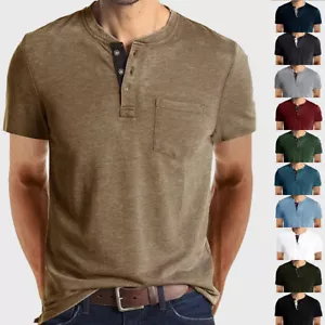 Mens Solid Button Short Sleeve Casual Tops Pockets Blouse Workout Tee T-shirts - Picture 1 of 33