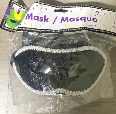 Black Glitter & White Trim Venetian Plastic Masquerade Mask Mardi Gras Party - Image 1 of 4
