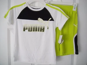 PUMA NWT Boys 2 PC Tee Top Shirt T-Shirt Shorts 100% Polyester White Green 5 - Picture 1 of 2