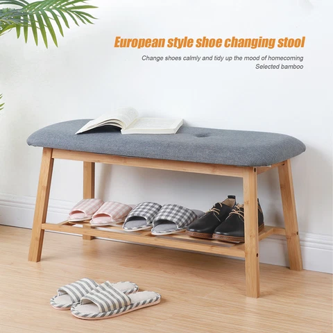 2 -Tier Bamboo Shoe Rack Entryway Shoe Bench Storage Shelf with Cushion Cover