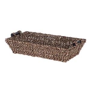 Rectangle Brown Basket with Wood Handles Tabletop Storage Bin Home Decorative - Picture 1 of 9