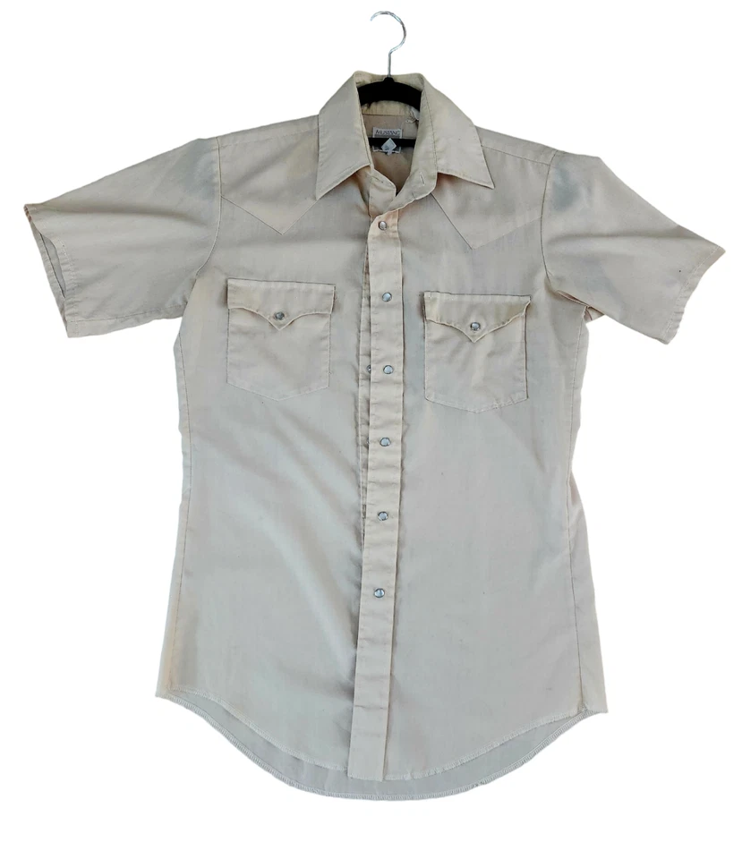 VTG 70s MUSTANG WESTERN PEARL SNAP SHIRT SLEEVE PALE YELLOW/CREAM 14 1/2 - 33 - Image 1 of 4