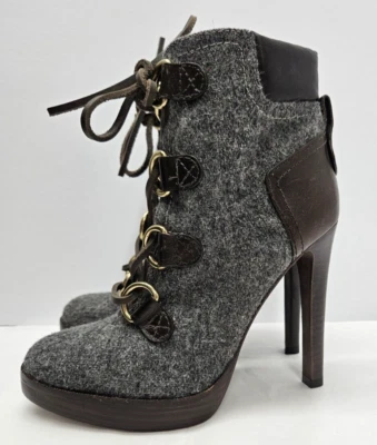 Tory Burch Lawson Botín Gris Gris Lana Marrón Cuero Stiletto Botines 6.5 Foto 1 de 4