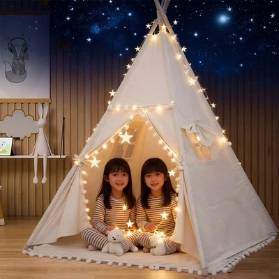 Large Canvas Kids Teepee Star Wood Indian Tent Child Play House 2025 New UK - Image 1 of 4
