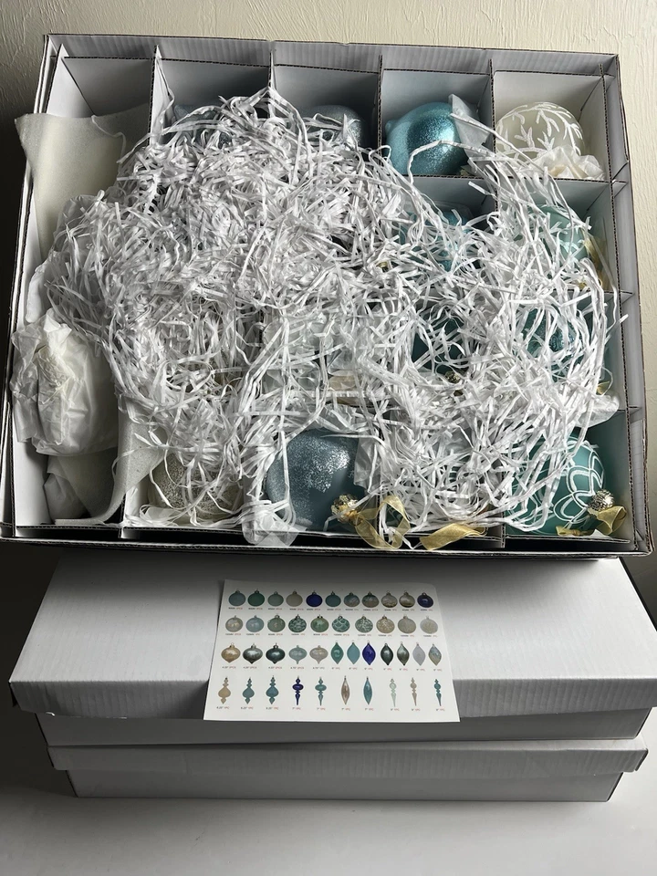 Frontgate Holiday Collection Box Set of 60 Glass Christmas Ornaments Blue White - Image 1 of 4