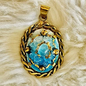 Rare Stunning Vintage French Ocean Sea Blue Glass Effect Limoges Pendant Gold To - Picture 1 of 11