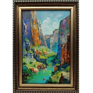 Original Ölgemälde Waldlandschaft mit Fluss 6x4 signiert gerahmt Berge - Bild 1 von 6
