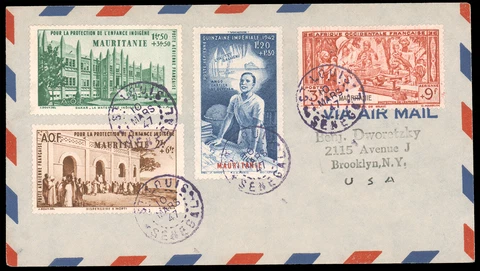 MAURETANIA 1942 WELFARE FUND SET AND COLONIAL EDUCATION STAMP ON AIRMAIL COVER # Cover