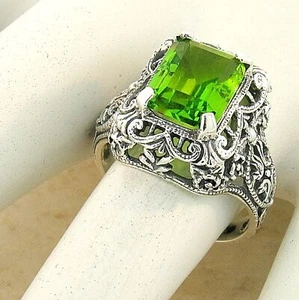 ANTIQUE STYLE 925 STERLING SILVER FILIGREE SIMULATED 2.6 CT. PERIDOT RING #1125 - Picture 1 of 3