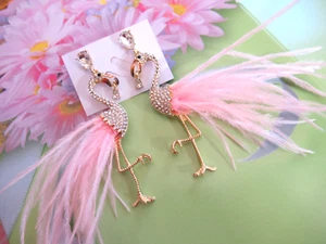 CLEAR Pave Crystal Golden Legs Flamingo BIRDS Pierced EARRINGS BEAUTIFUL NEW - Picture 1 of 7