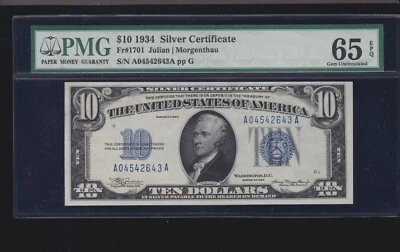 US 1934 $10 Silver Certificate FR 1701 PMG 65 EPQ GEM CU (643) - Image 1 of 2
