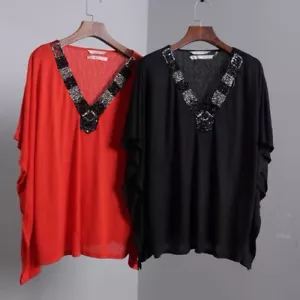 Soft Surroundings Red Black Beaded Poncho Top S/M L/XL Kimono V-Neck Drape Shirt - Picture 1 of 22