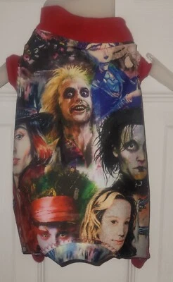 HALLOWEEN BEETLE JUICE SCISSORHANDS SCARY HORROR MOVIES COLLAGE XS DOG ROMPER - Image 1 of 4