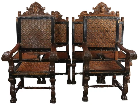DINING CHAIRS RENAISSANCE CASTLE LIONS SET 6 CARVED MAHOGANY WOOD LEATHE Cover