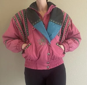 Vintage 80s Head Womens Size 8 Pink and Teal Vibrant Colors Aztec Floral - Picture 1 of 13