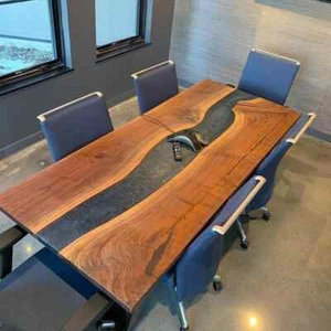 Maßgeschneiderte Live Edge Epoxidblau Harz Holz Fluss Stil Esszimmer Büro Tischplatte - Bild 1 von 3