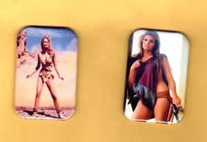 RAQUEL WELCH 2 MAGNETS OR BUTTONS, PINBACK 2"X3" W/ ROUNDED CORNER - Picture 1 of 5