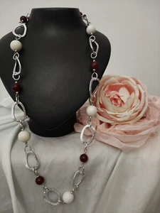 COLLANA DONNA PENDENTI PIETRA AGATA ROSSA E BIANCA ACCIAIO INOSSIDABILE - Foto 1 di 3