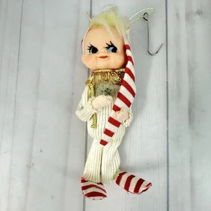 Vintage Gummi Gesicht Pixie Elfe Weihnachtsschmuck Japan weiß rot 5" - Bild 1 von 6